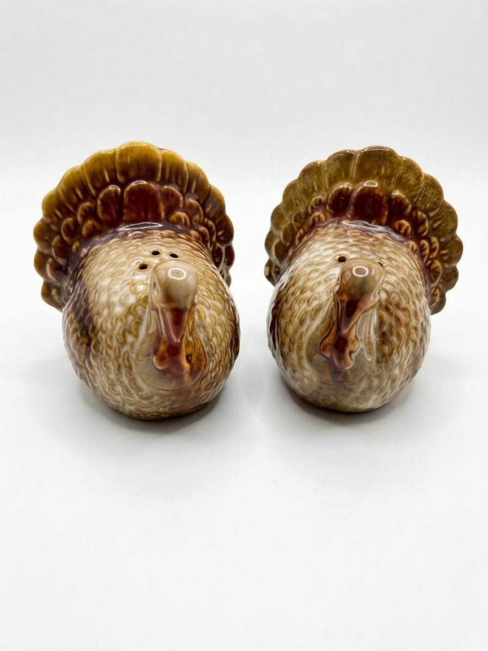Vintage Thanksgiving Ceramic Turkey Salt & Pepper Shakers Set Brown Drip Glaze